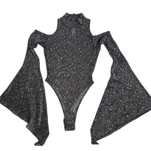 Dolls Kill Other - Dolls Kill CLUB EXX Black Sparkle Cold Sheer Shoulder Bell Sleeve Bodysuit
